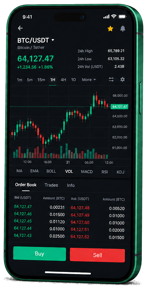 Interface mobile de trading Service Public — cours BTC/USDT en direct, carnet d’ordres et outils de suivi des opérations